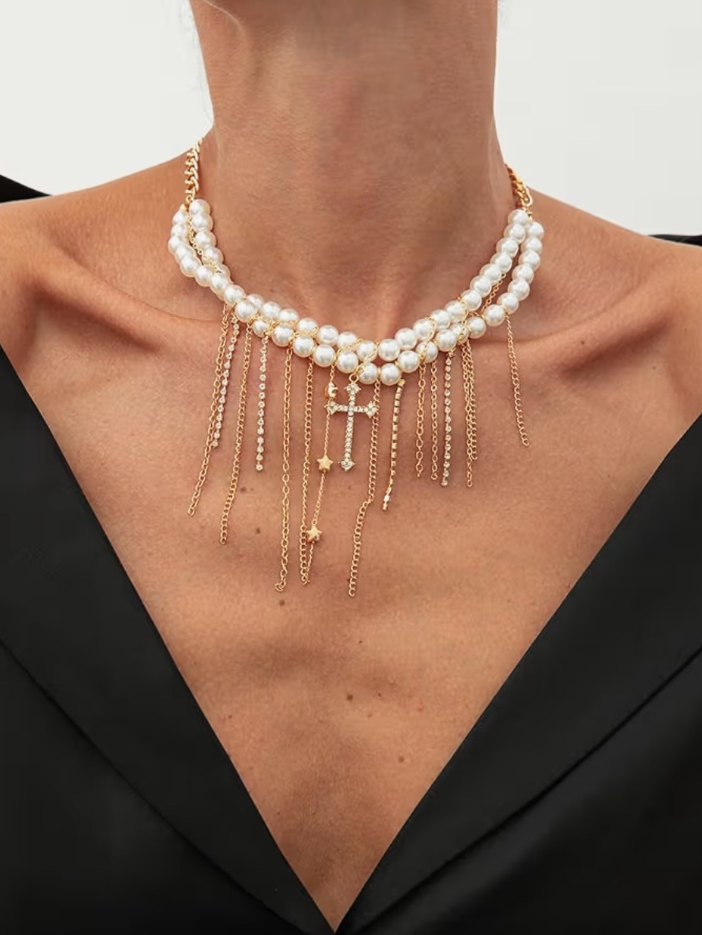 Luxe Gold Pearl Fringe Cross Bib Choker Necklace